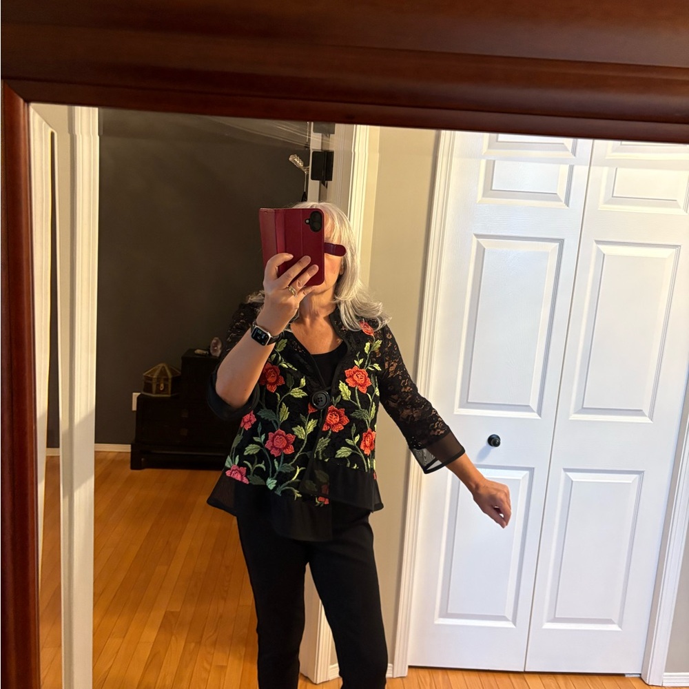 Joseph Ribkoff Black Lace Jacket with Red and Green Floral Design - Picture 5 of 7